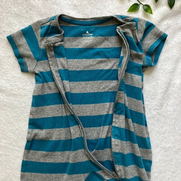 Baby GAP Romper 6-12M | Teal & Grey Striped Cotton Short Sleeve Zip-Up GUC - Picture 12 of 16